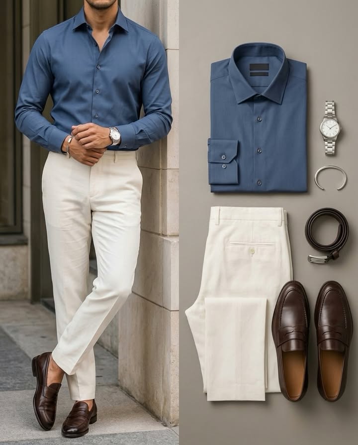 Men's Business Casual Dark Blue Shirt And Trousers Two-Piece Set