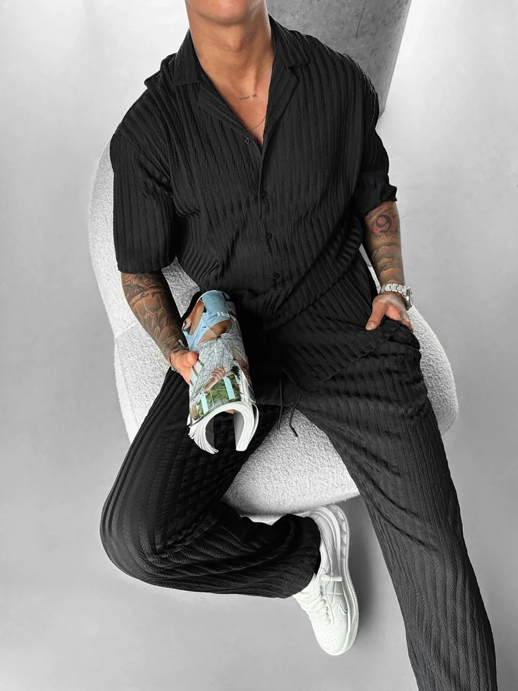 Men's White Textured Short Sleeve Shirt Casual Two-piece Set 005