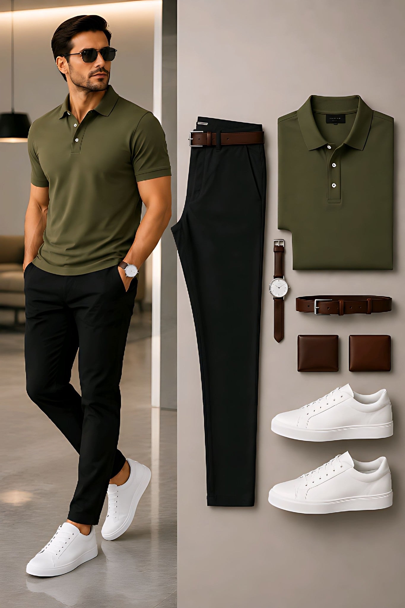 Men's Casual Army Green & Black Solid Polo Shirt And Pants Two-Piece Set