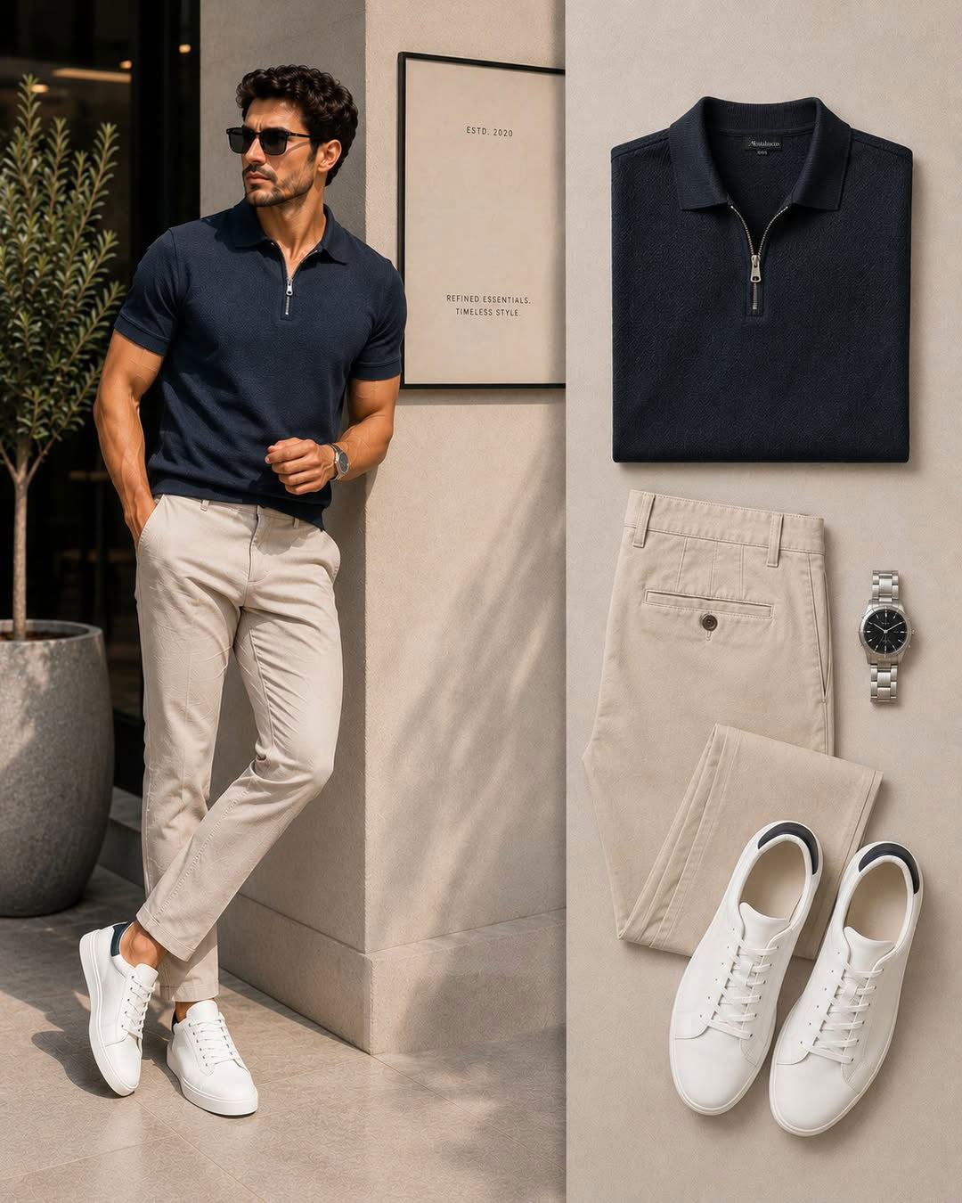 Men's Casual Navy Blue Color Polo Shirt & Pants Two-Piece Set