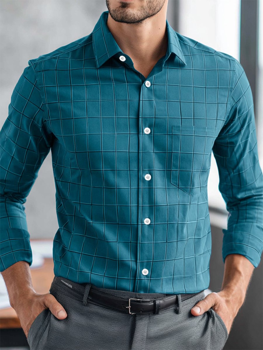 Men's Casual Business Plaid Long-Sleeved Shirt