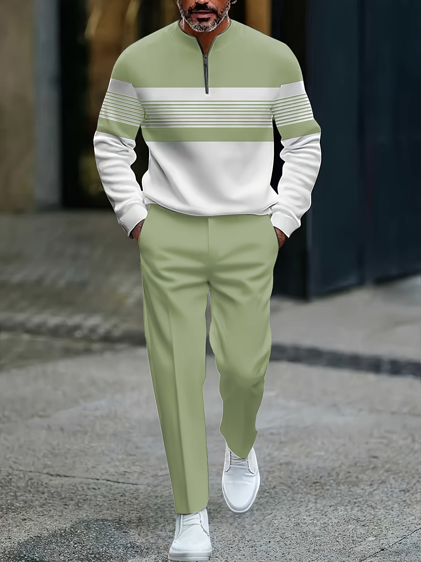 Men's Casual Light Green & White Color Matching Geometric Printed Round-Neck Zipper Long Sleeved Tops & Trousers Two-Piece Set