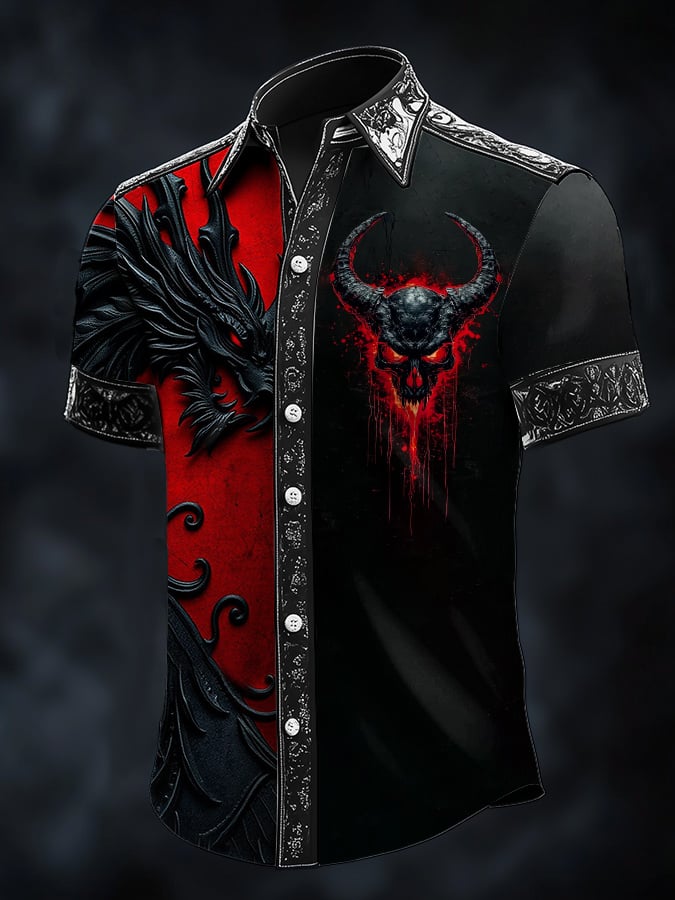 Men's Casual Dark Viking Dragon Print Satin Shirt