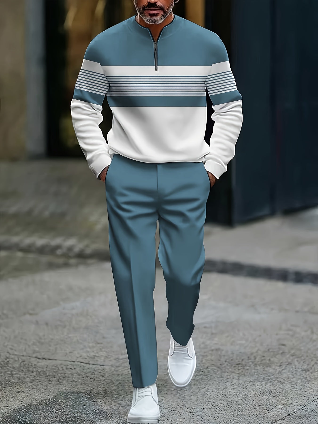 Men's Casual Blue & White Color Matching Striped Printed Round-Neck Zipper Long Sleeved Tops & Trousers Two-Piece Set