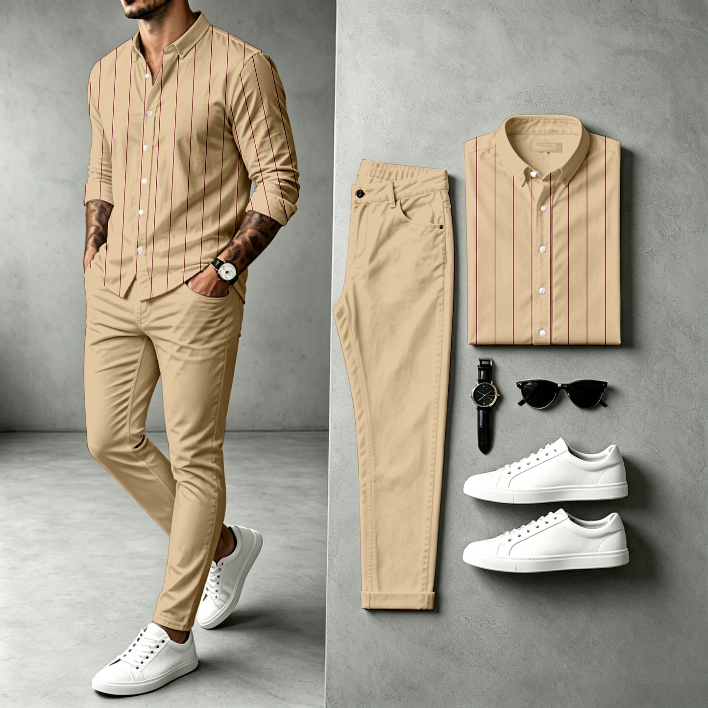 Men's Striped Long-Sleeve Shirt and Pants Set