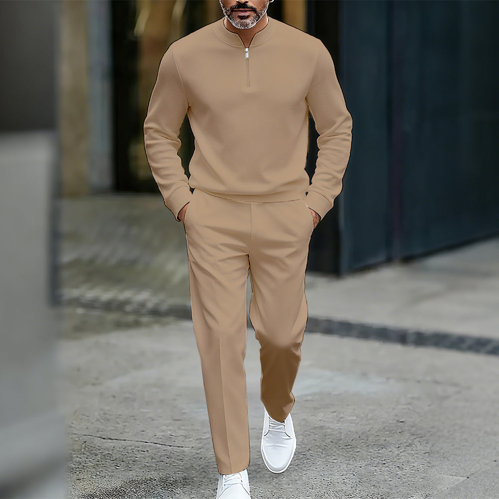 Men's Casual Solid Color Round-Neck Zipper Long Sleeved Trousers Two-Piece Set