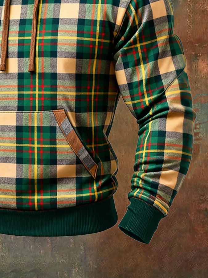Men's Retro Plaid Contrast Color Hooded Sweatshirt