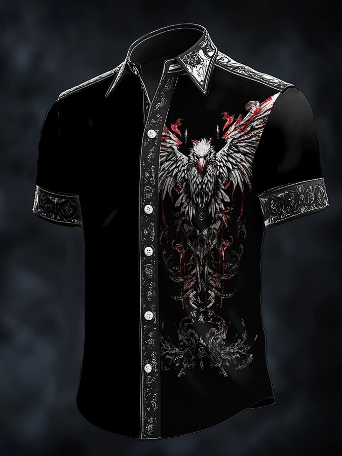 Men's Casual Vintage Viking Raven Satin Shirt