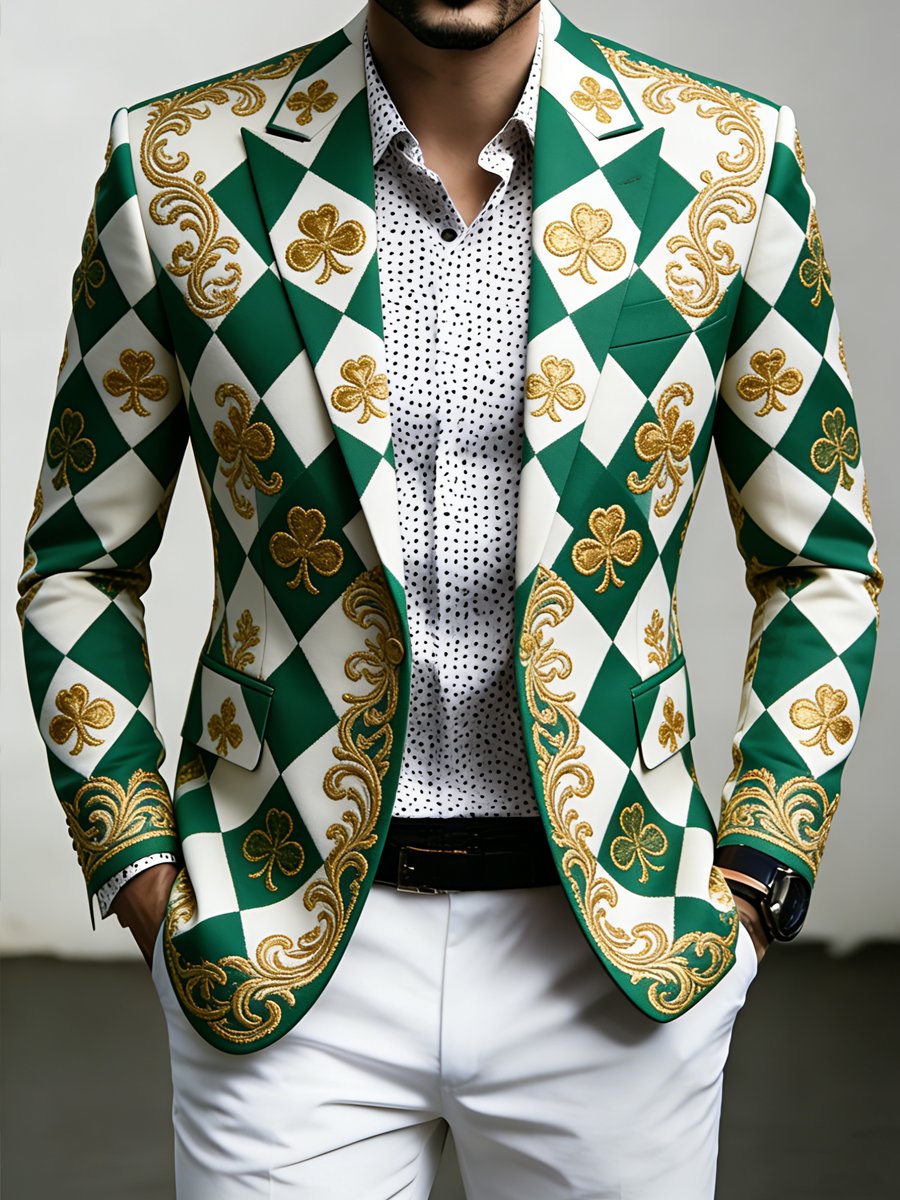 Men's Luxury St. Patrick's Day Shamrock Print Suit Jacket