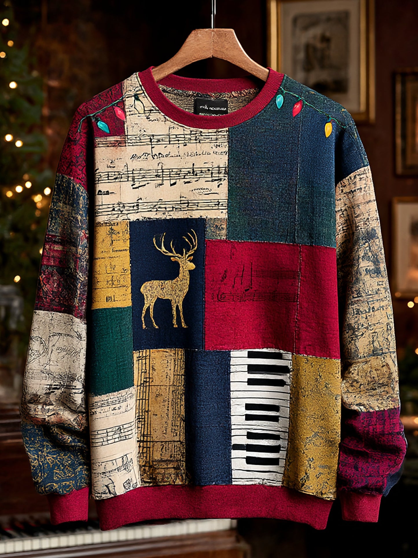 Men's Retro Casual Musical Note Christmas Party Art Sweatshirt