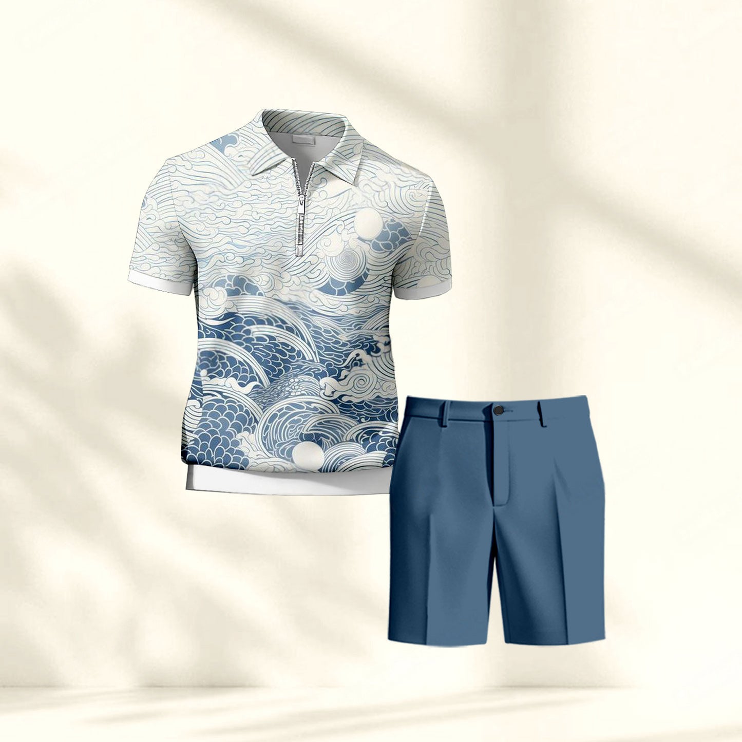 Men's Casual White Waves Printed Polo Shirt And Pants Two-Piece Set