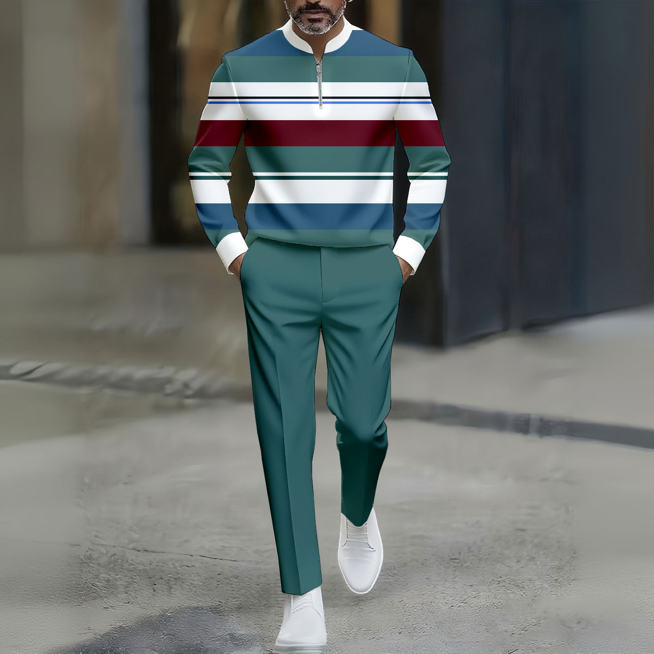 Men's Green & White Casual Color Matching Striped Printed Round-Neck Zipper Long Sleeved Trousers Two-Piece Set