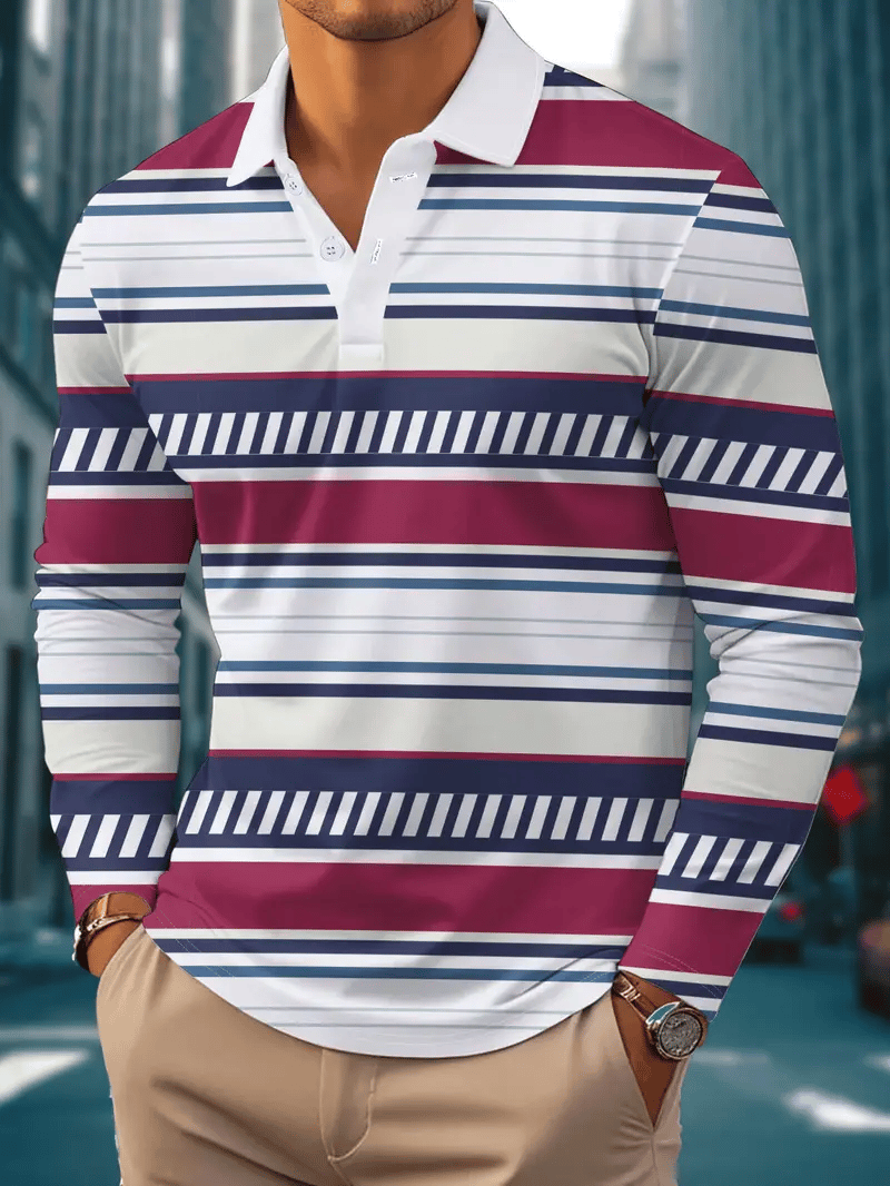 Men's Retro Business Stripe Print Long Sleeve Polo Shirt