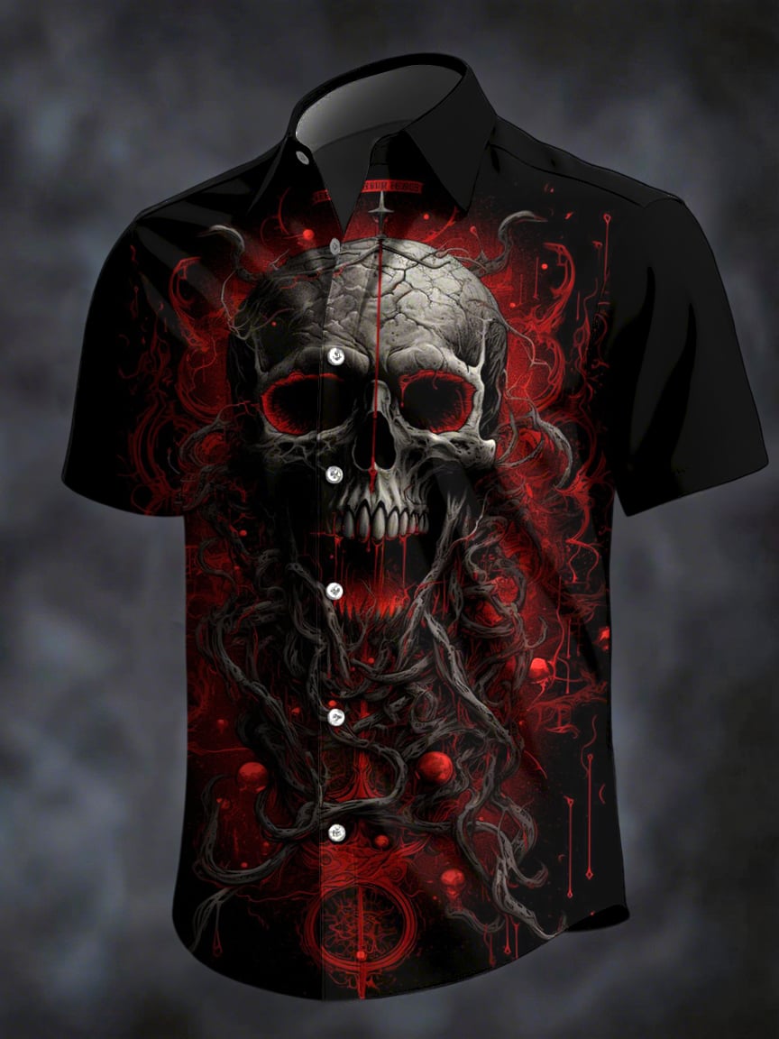 Men's Retro Horror Skull Print Lapel Short Sleeve Shirt