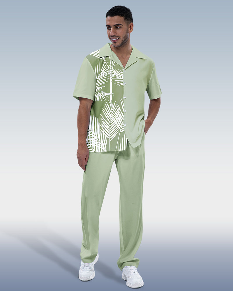 Rianmond Men's Green Leaf Print Short Sleeve Hiking Suit