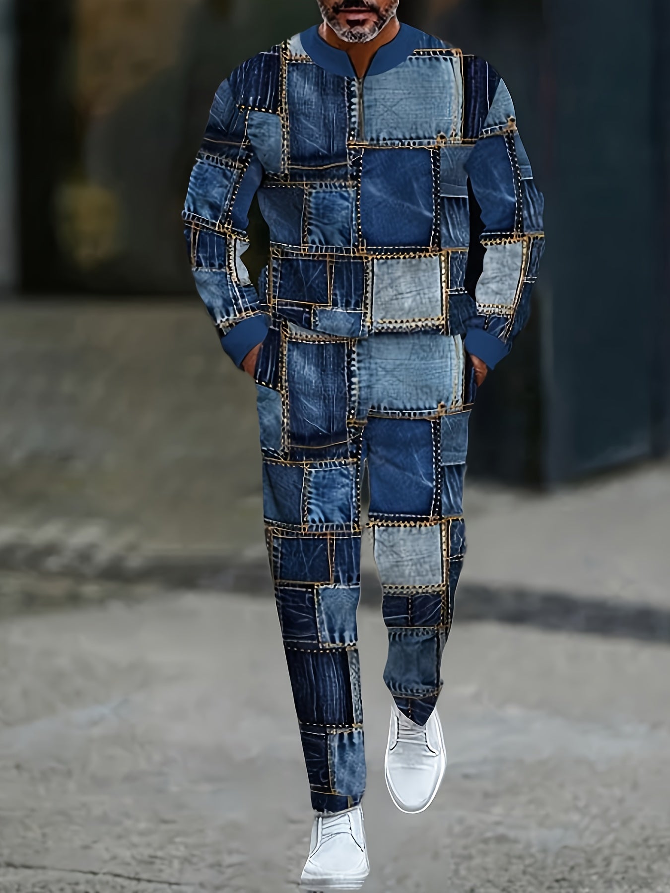 Men's Casual Color Matching Printed Round-Neck Zipper Long Sleeved Trousers Two-Piece Set