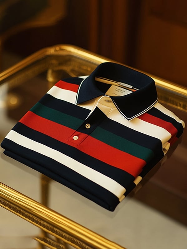 Men's Retro Business Stripe Print Long Sleeve Polo Shirt