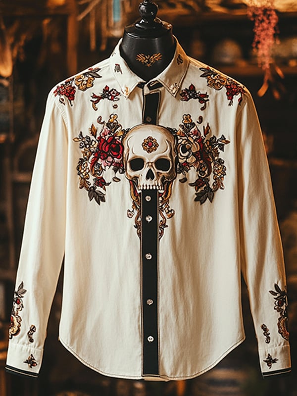 Men's Outdoor Vintage Skull and Floral Print Long Sleeve Shirt