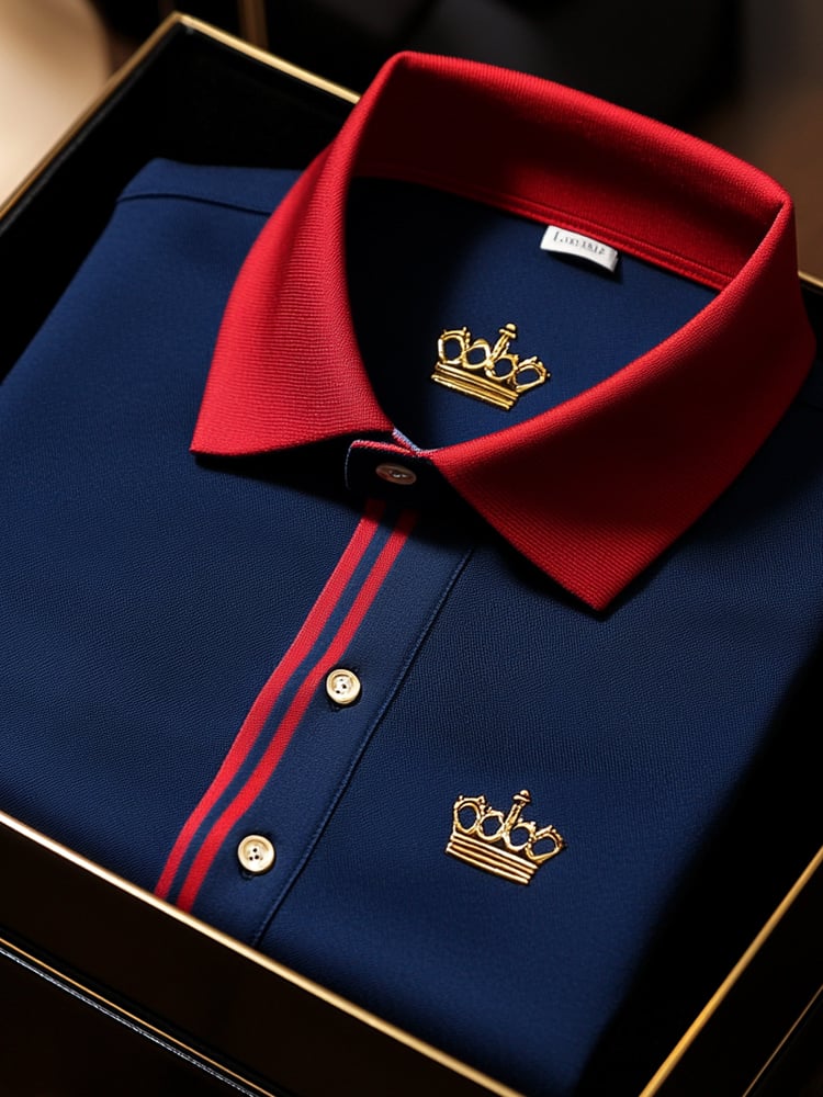 Men's Business Red Striped Crown Print Sweat-Wicking Short Sleeve Polo Shirt