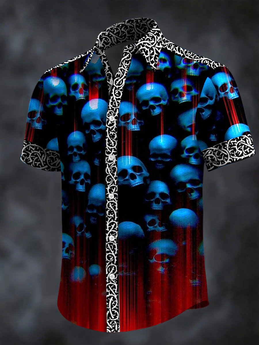 Men's Retro Horror Skull Print Lapel Short Sleeve Shirt