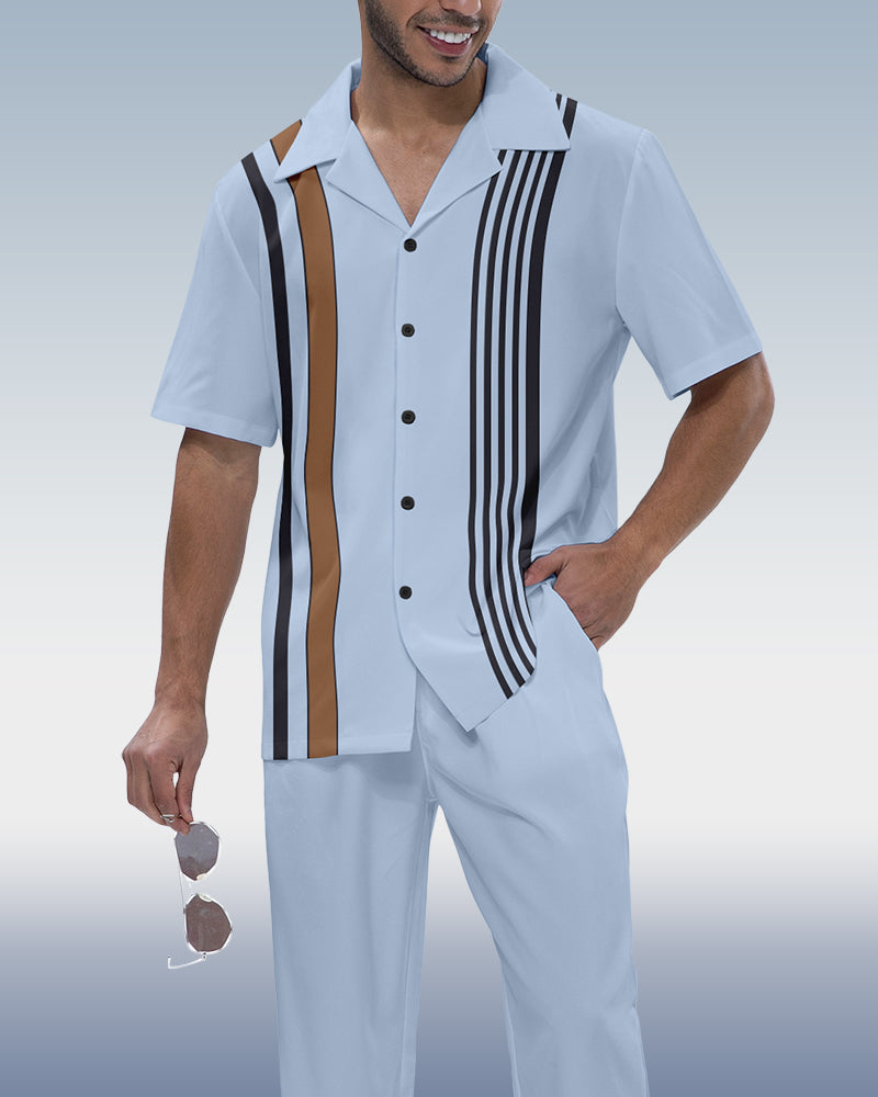 Suitmens Men's Simple Vertical Stripe Short Sleeve Shirt Walking Set 546