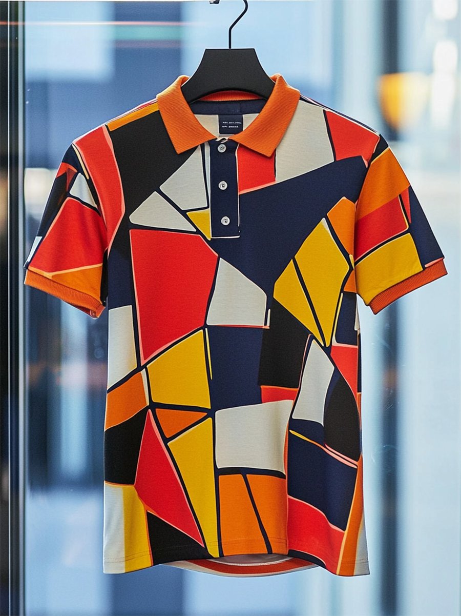 Men's Business Casual Bauhaus Style Button Short Sleeve Polo Shirt