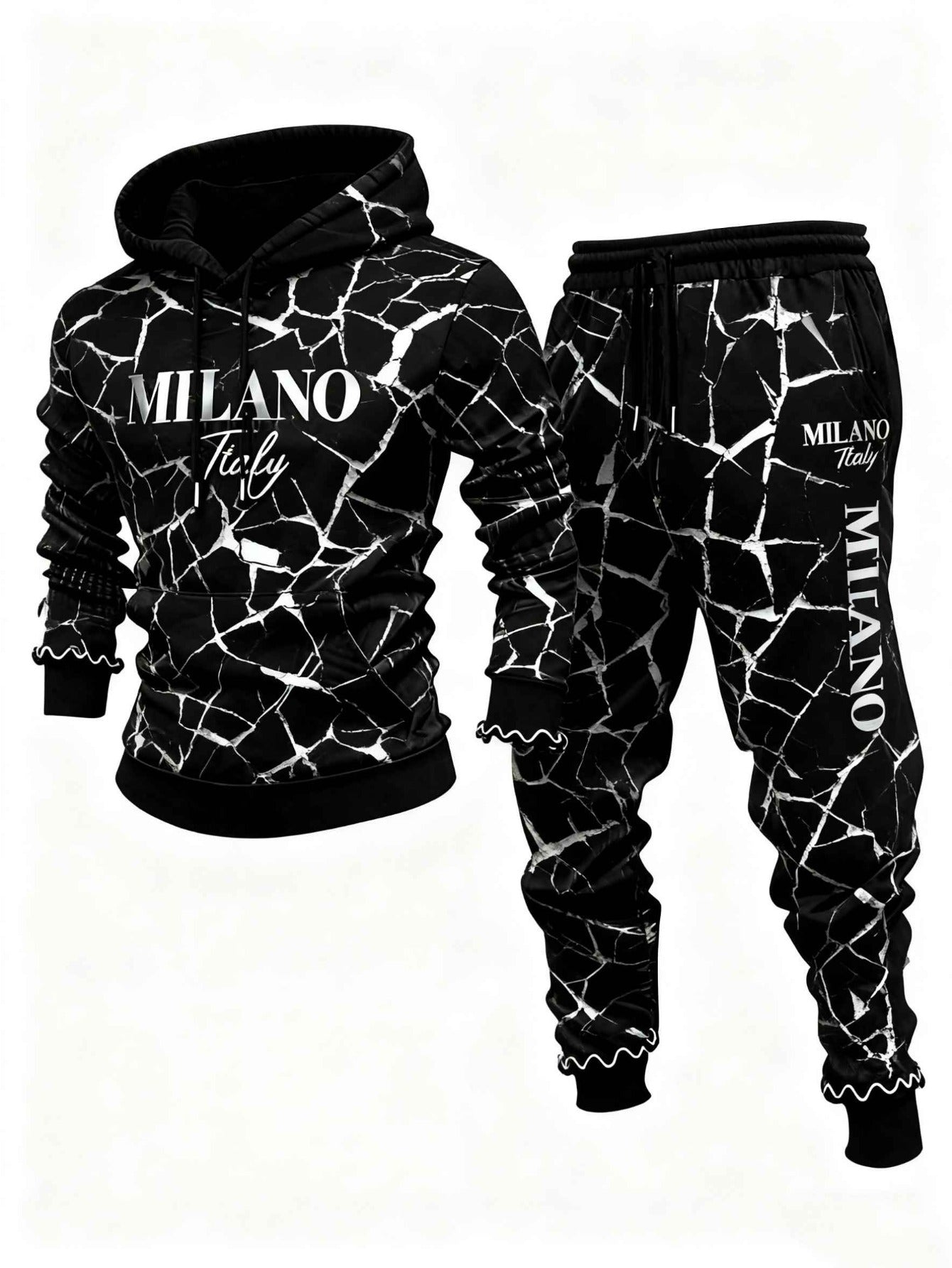 Men's Casual Black & Silver Color Geometric Printed Hoodies Long Sleeved Sweatshirts & Sweatpants Two-Piece Set