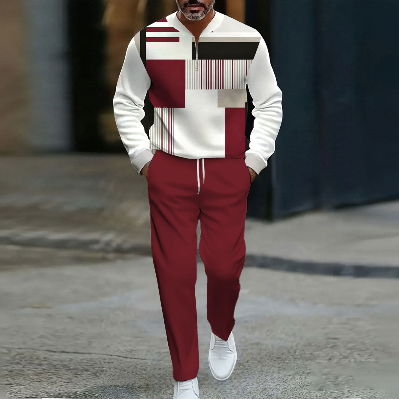 Men's Casual Red & White Color Matching Geometric Printed Round Neck Zipper Long-Sleeve Sweatshirt & Pants Two-Piece Set