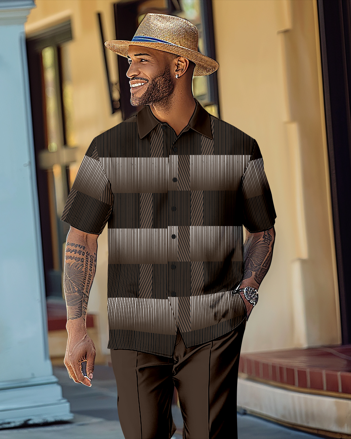Men's Gradient Color Block Short Sleeve Shirt Walking Suit 1145