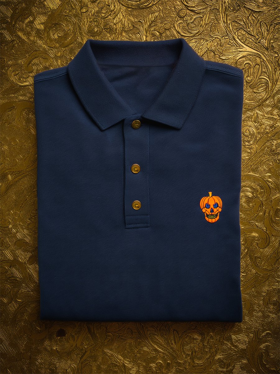 Men's Casual Business Halloween Pumpkin Art Button Short Sleeve Polo Shirt