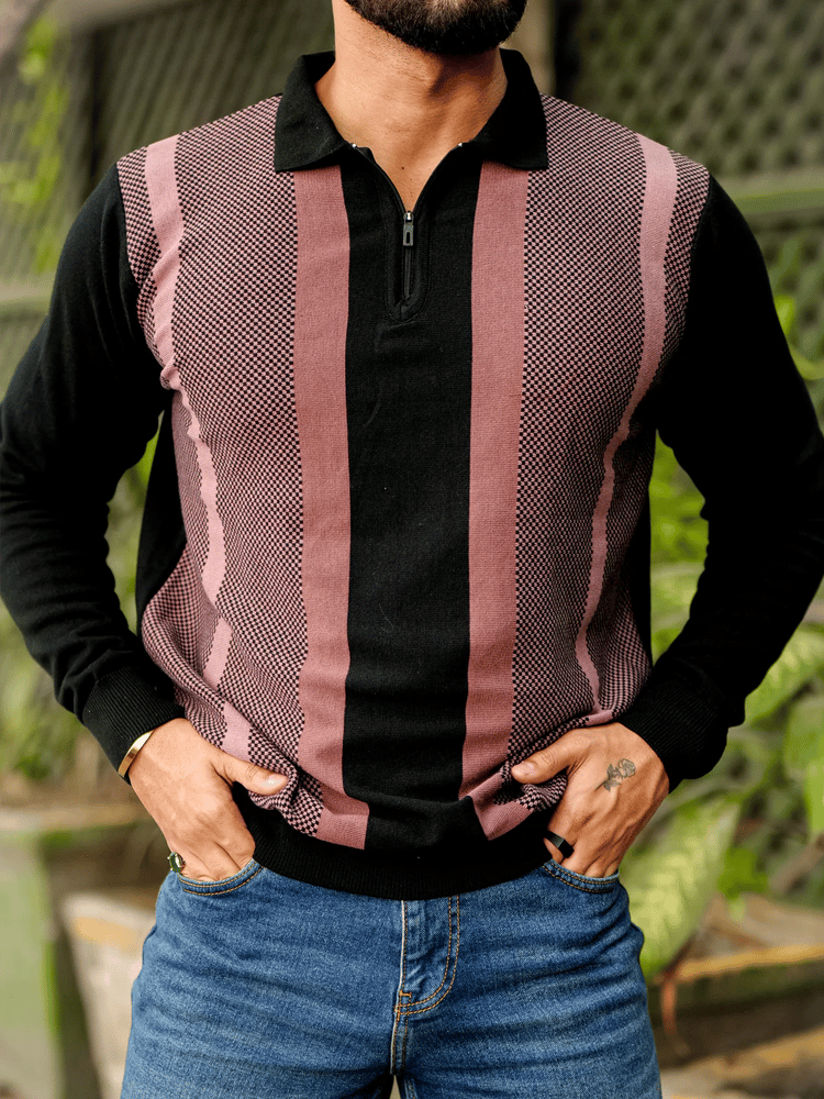 Men's Retro Business Stripe Print Long Sleeve POLO Shirt