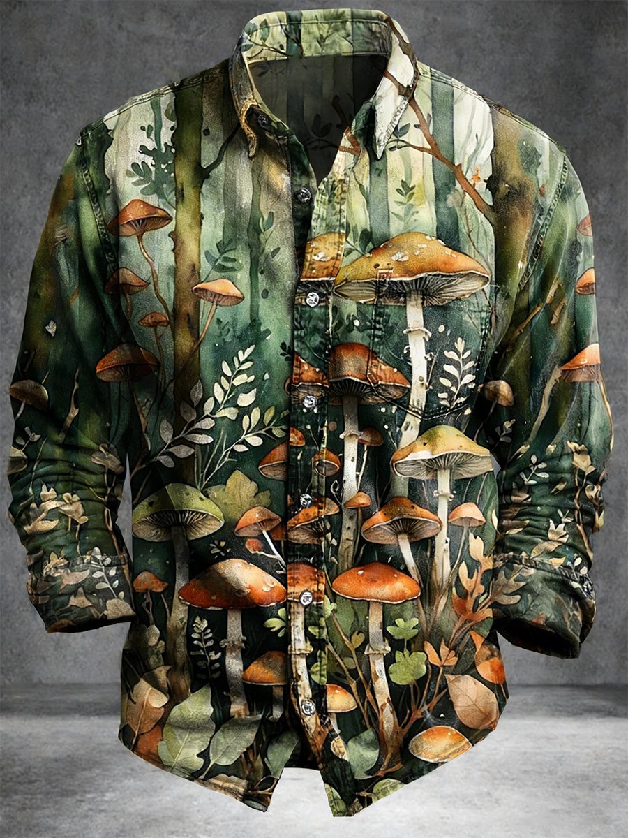 Men's Vintage Mushroom Art Long-Sleeved Shirt