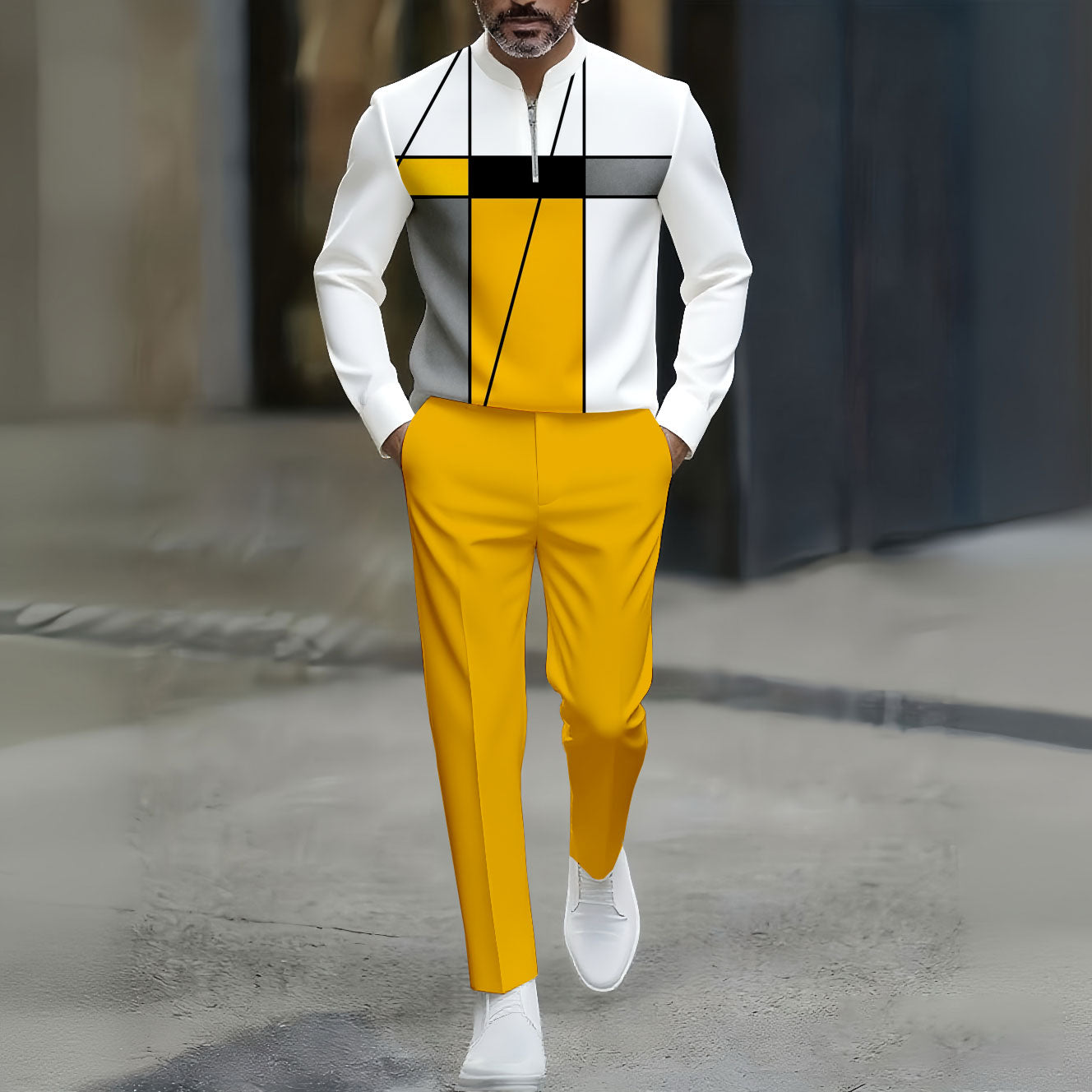 Men's Casual Yellow & White Color Matching Geomectric Printed Round-Neck Zipper Long Sleeved Trousers Two-Piece Set