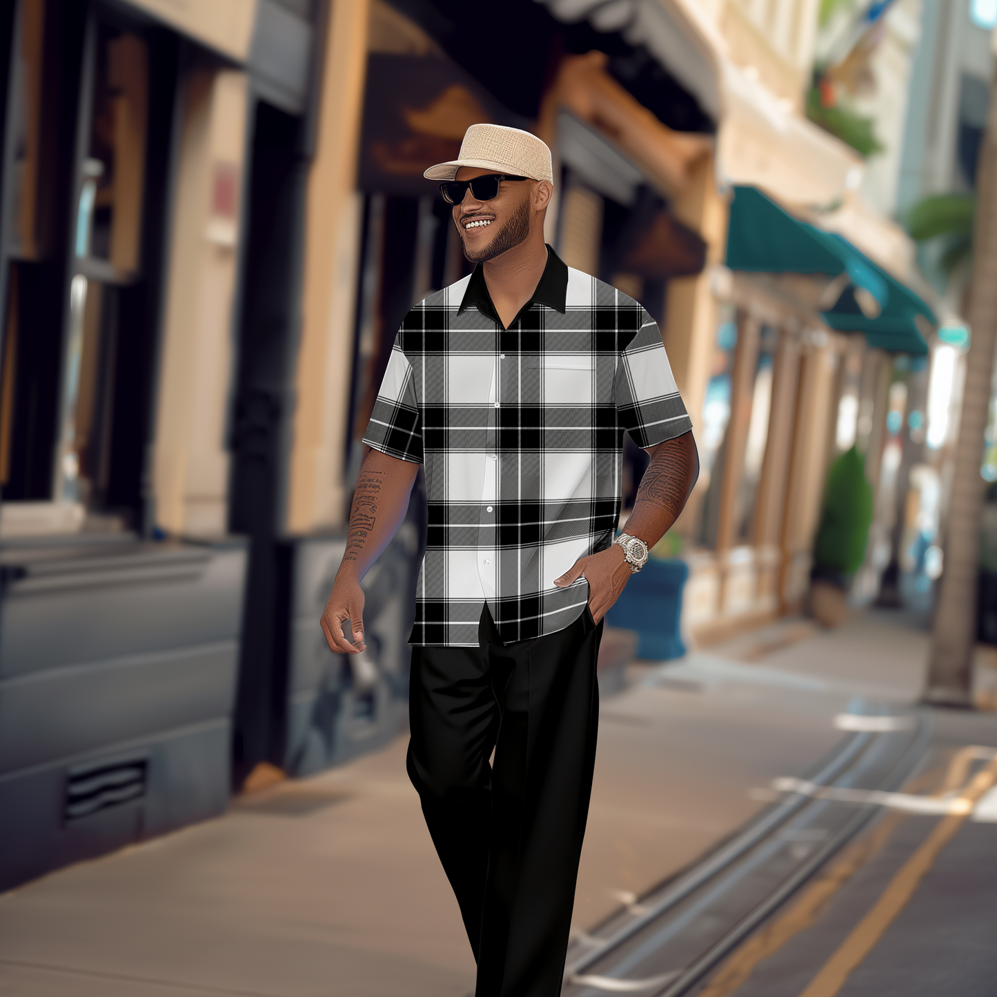 Men's Gorgeous Color Block Short Sleeve Shirt Walking Suit 1175