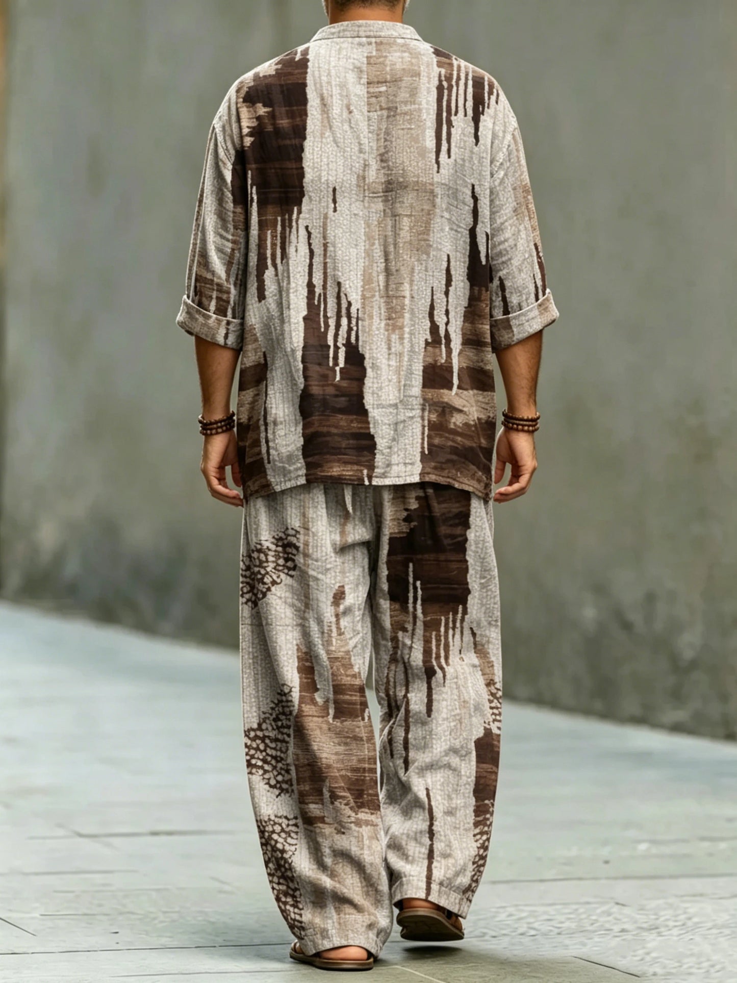 Men's Fashionable Abstract Art Print Cotton Shirt Set