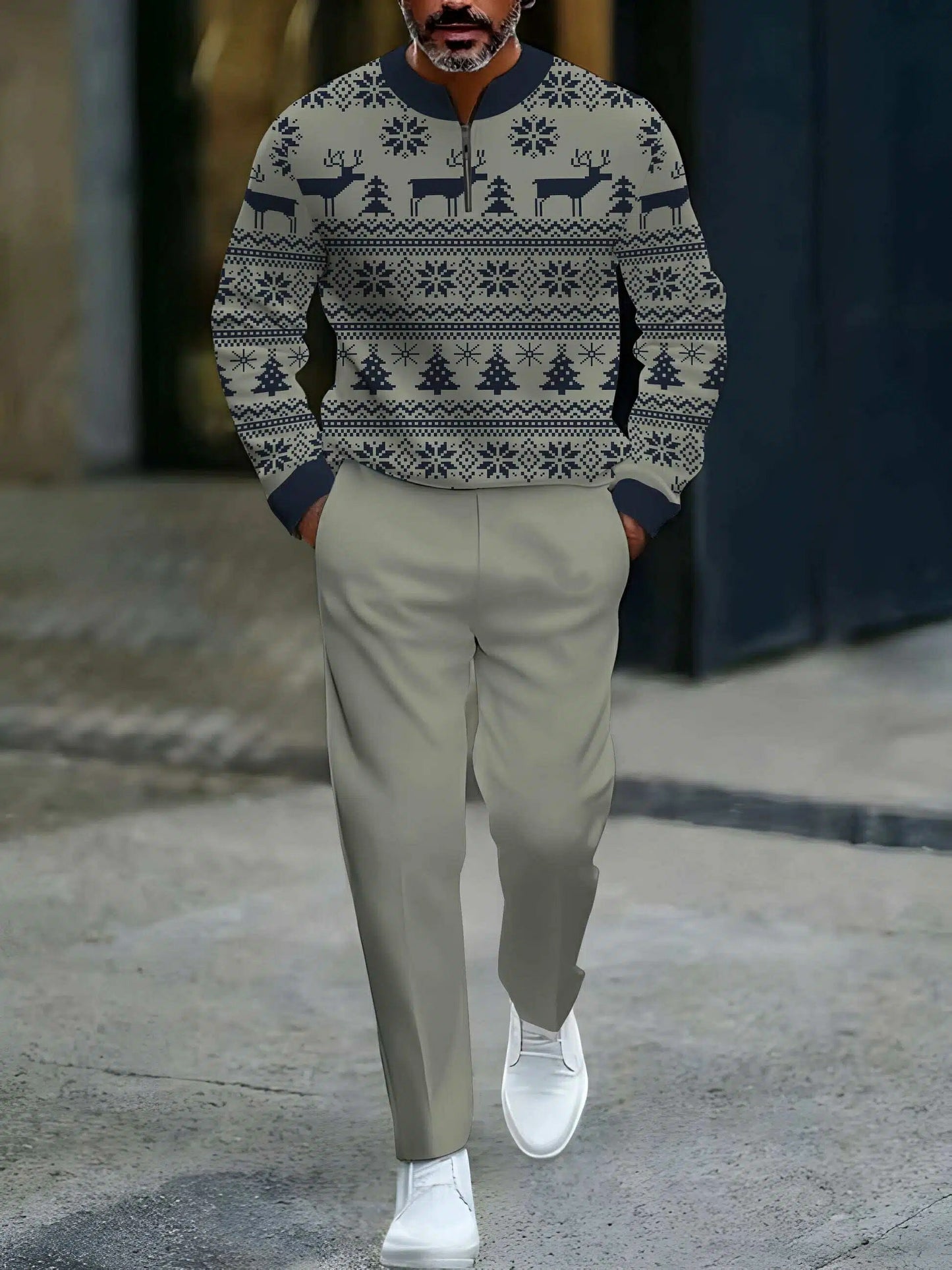 Men's Casual Gray & Navy Color Matching Christmas Printed Round-Neck Zipper Long Sleeved Sweatshirt & Trousers Two-Piece Set