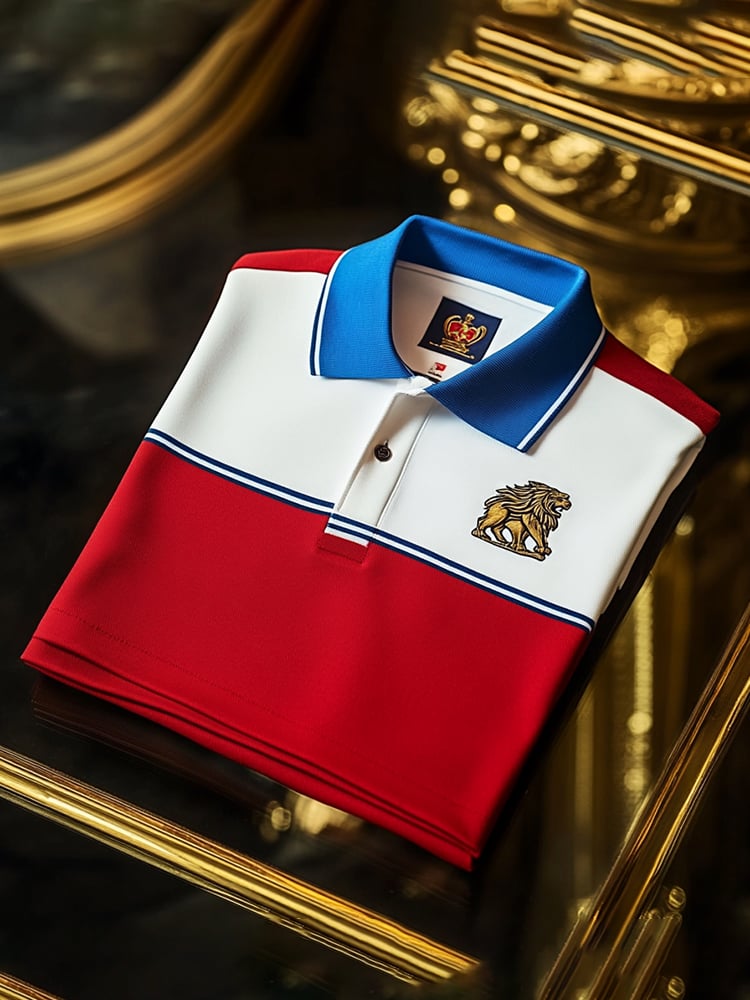 Men's Classic Business Check Logo Button Short Sleeve Polo Shirt