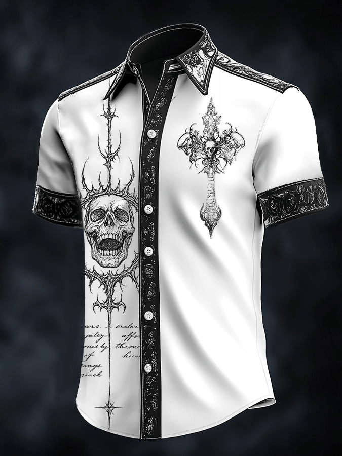 Men's Dark Skull Print Satin Short Sleeve Shirt