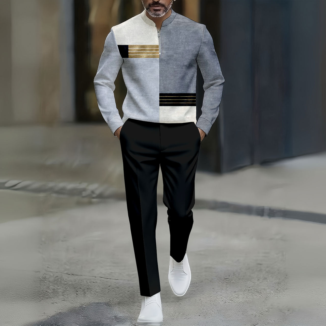 Men's Casual Gray & Gold Color Matching Asymmetric Striped Printed Round-Neck Zipper Long Sleeved Trousers Two-Piece Set