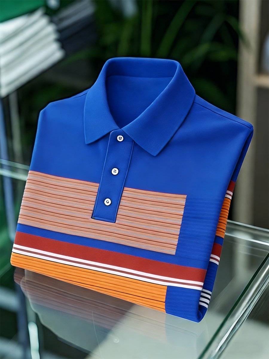 Men's Vintage Business Striped Long Sleeve Polo Shirt