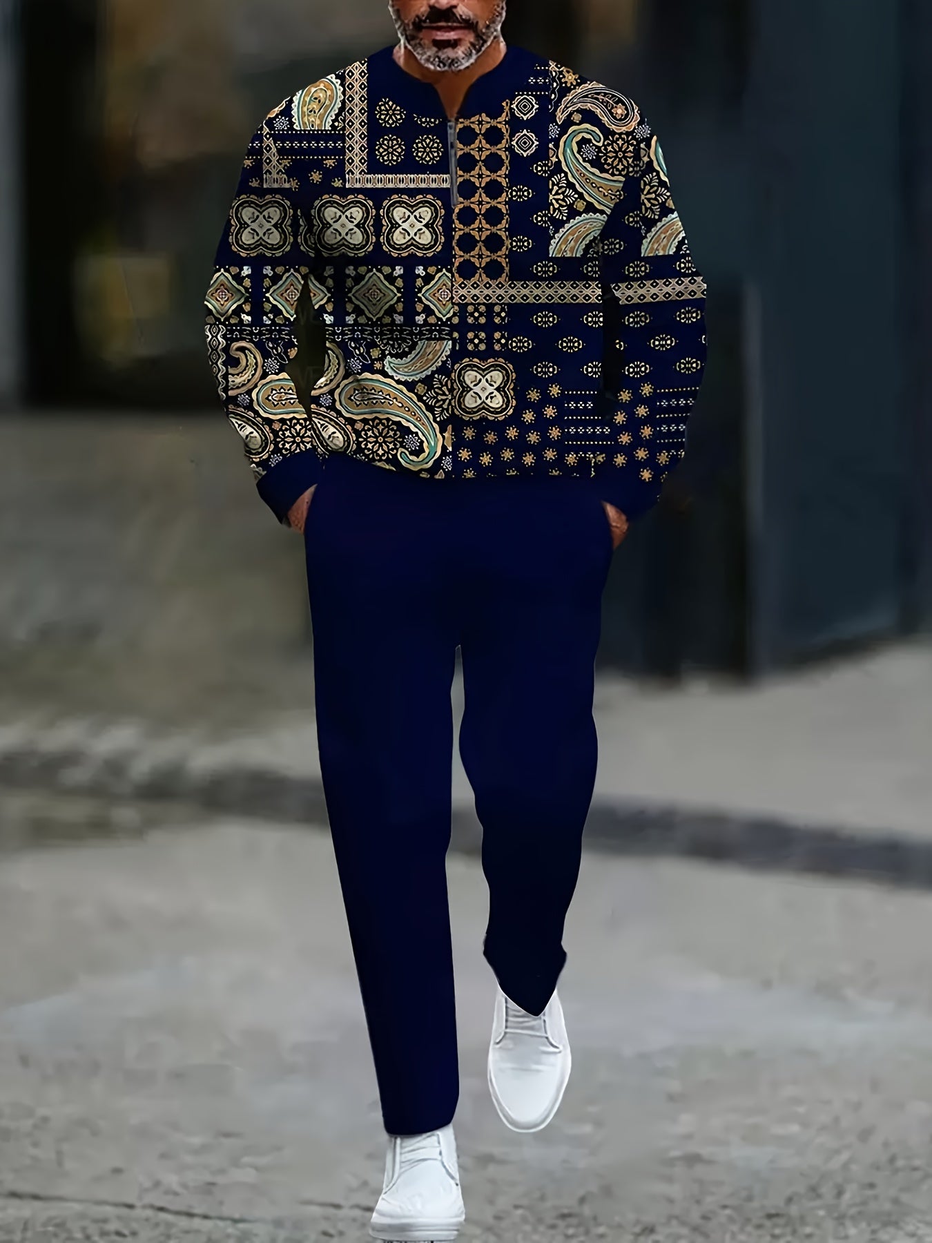 Men's Casual Navy Blue Color Matching Retro Printed Round-Neck Zipper Long Sleeved Sweatshirt & Trousers Two-Piece Set