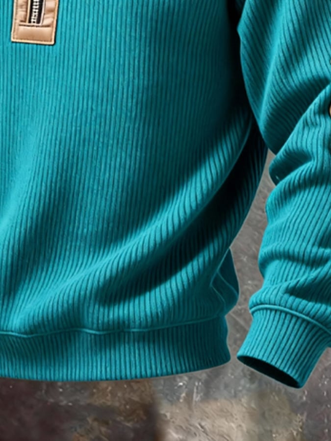 Men'S Casual Retro Contrast Color Half Zip Stand Collar Long Sleeve Sweatshirt