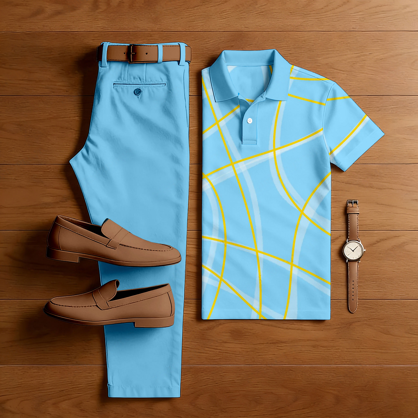 Men's Casual Sky Blue Printed Polo Shirt And Pants Two-Piece Set