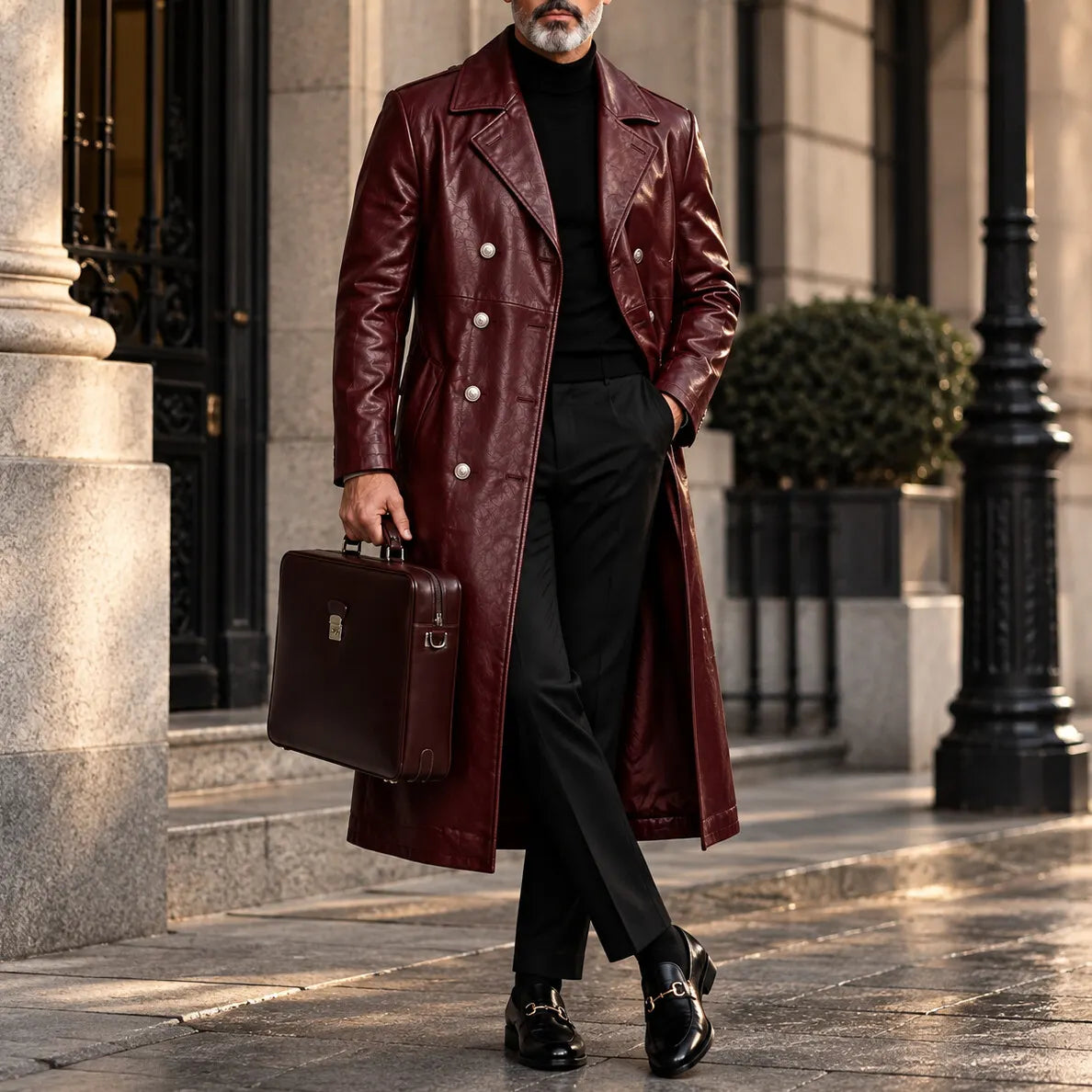 Men's Dark Brown PU Leather Slant Pockets Notched Lapel Double-Breasted Trench Coat