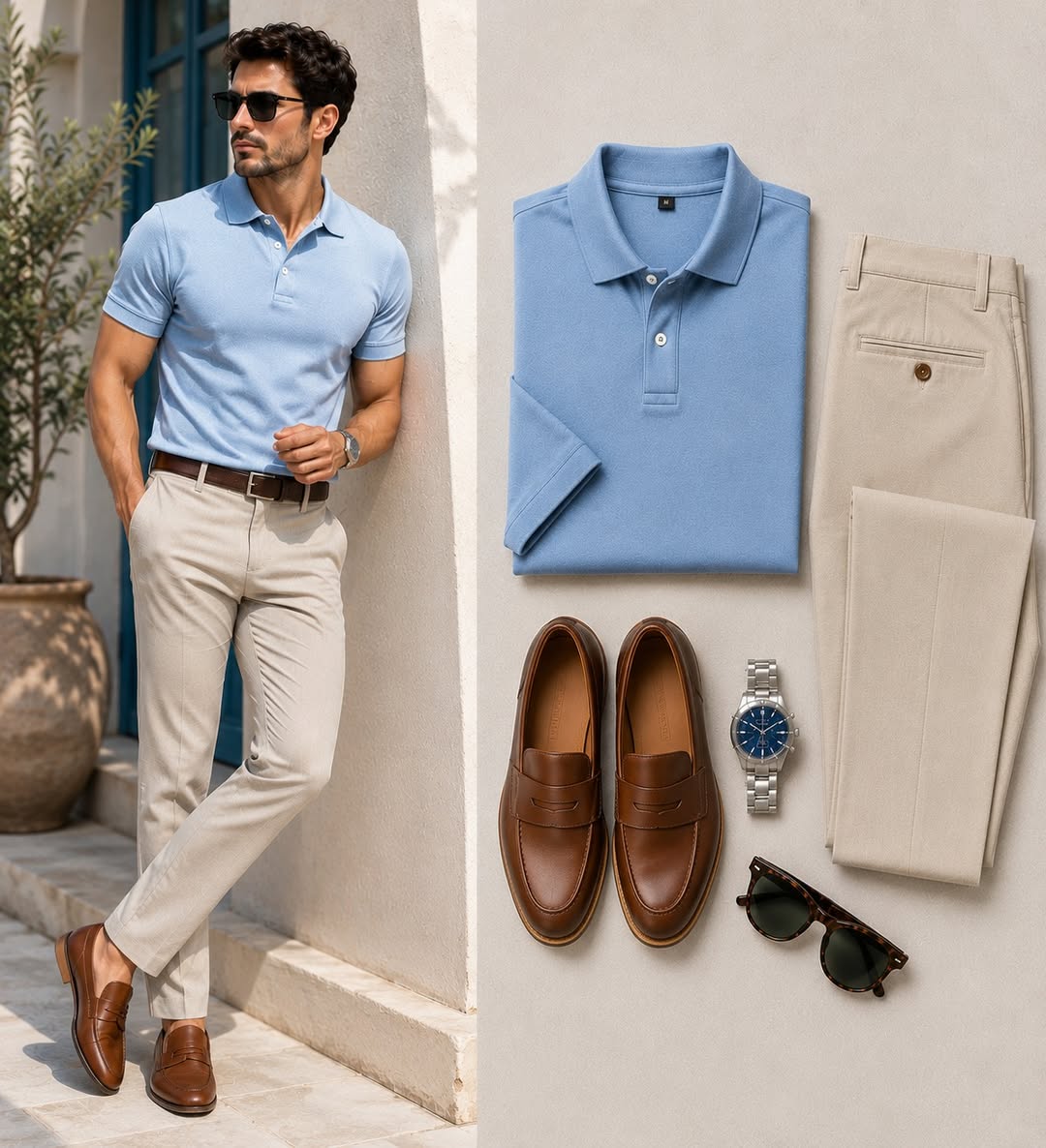 Men's Casual Blue Color Polo Shirt & Pants Two-Piece Set