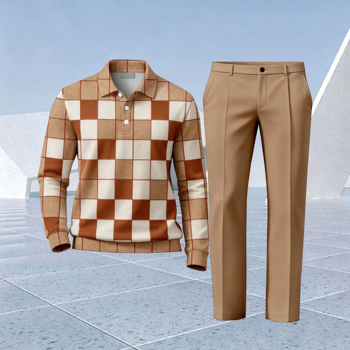 Men's Two-Piece Set: Color-Blocked Checkered Polo Shirt and Pants