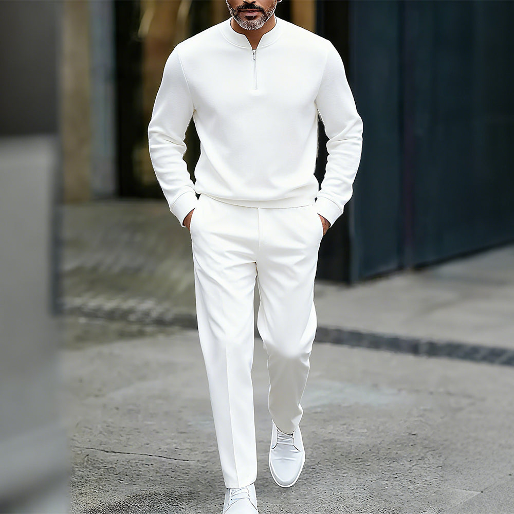 Men's Casual Solid Color Round-Neck Zipper Long Sleeved Trousers Two-Piece Set