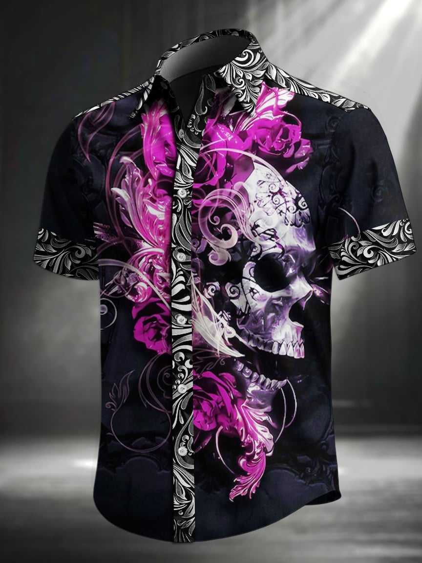 Men's Vintage Skull Floral Print Lapel Short Sleeve Shirt