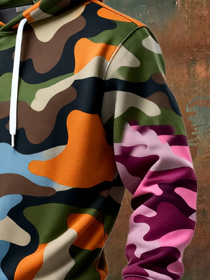 Men's Retro Distressed Color Block Camouflage Print Casual Long Sleeve Sweatshirt