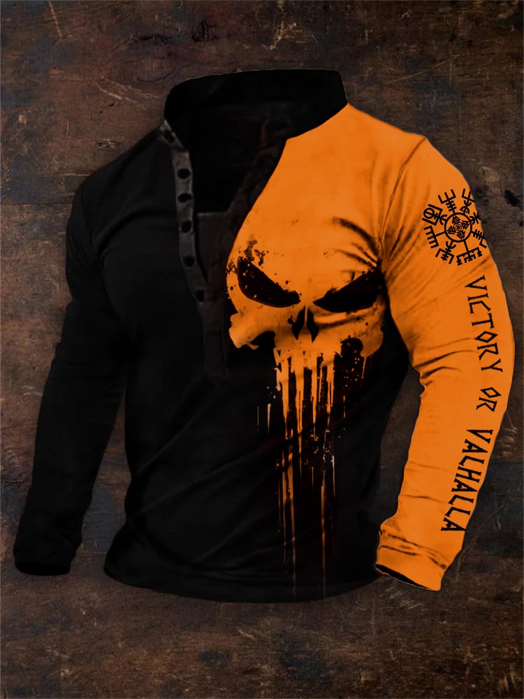 Men's Vintage Victory Or Valhalla Vegvisir Skull Contrast Print Henley Collar Sweatshirt